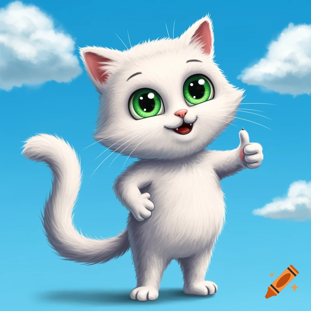 A cute cartoon white cat with green eyes gives a thumbs up under a blue sky.