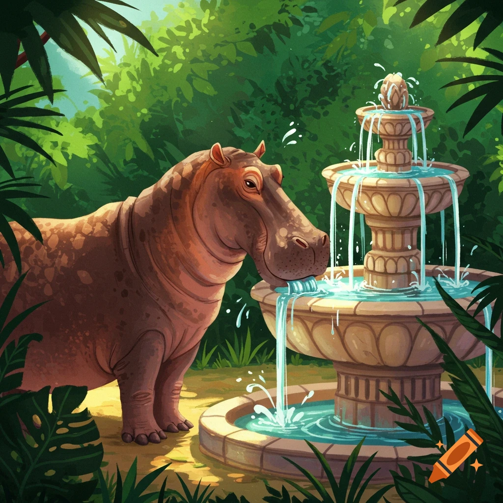 A hippo drinks from a fountain in a jungle.