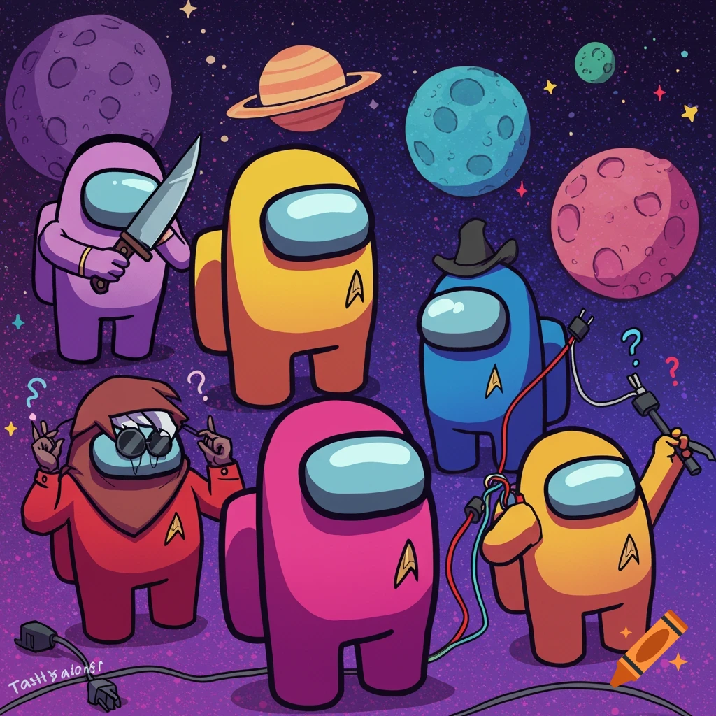 Cartoon Among Us characters in space, some wearing Star Trek uniforms, one holding a knife.