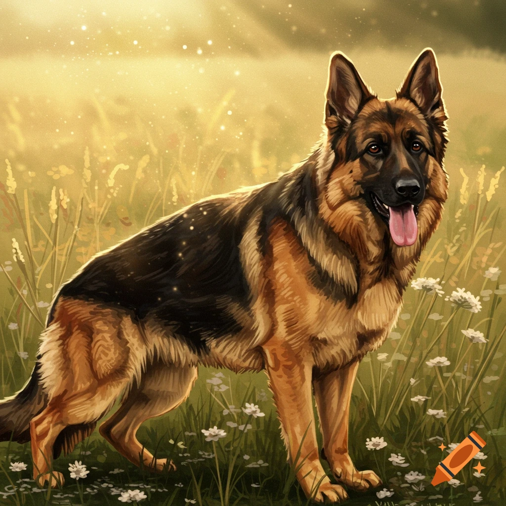 A German Shepherd standing in a sunny field.