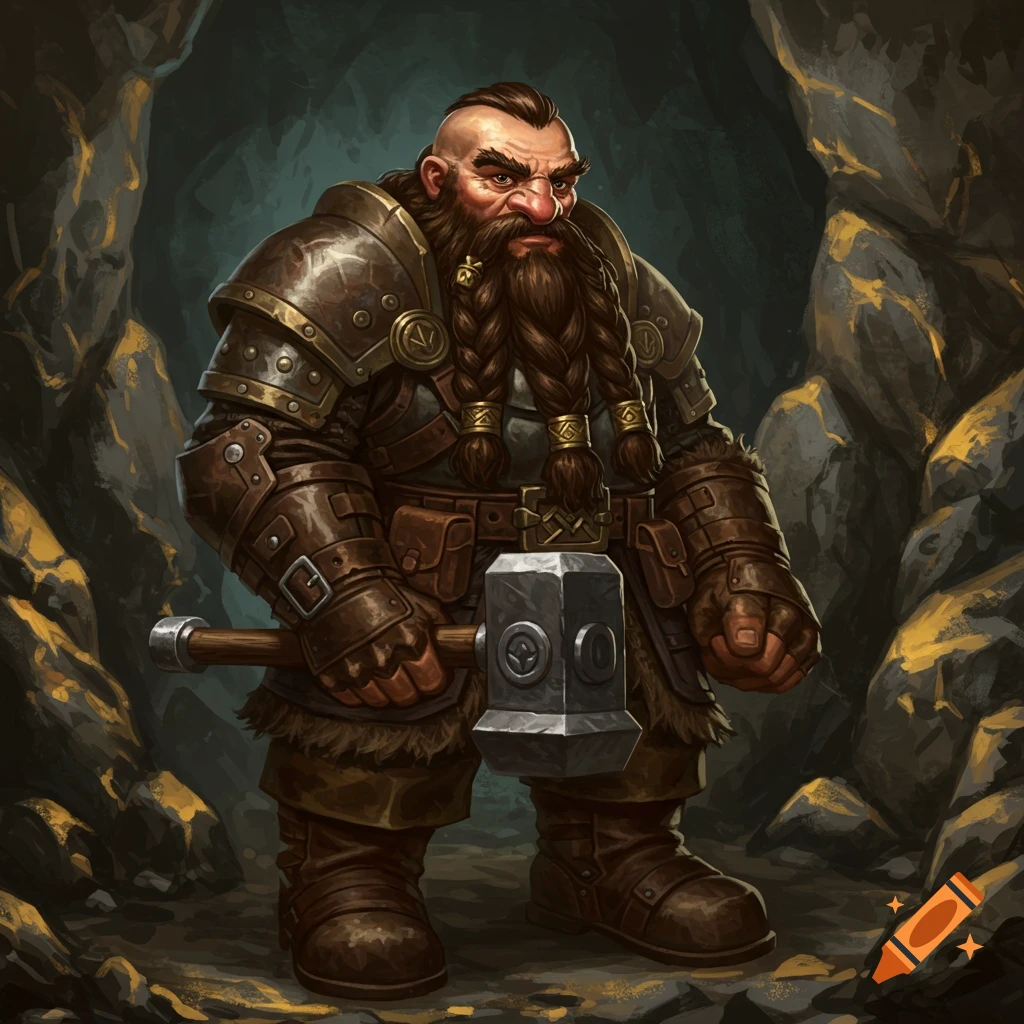 A powerful dwarf in ornate armor holding a large hammer in a rocky cave.
