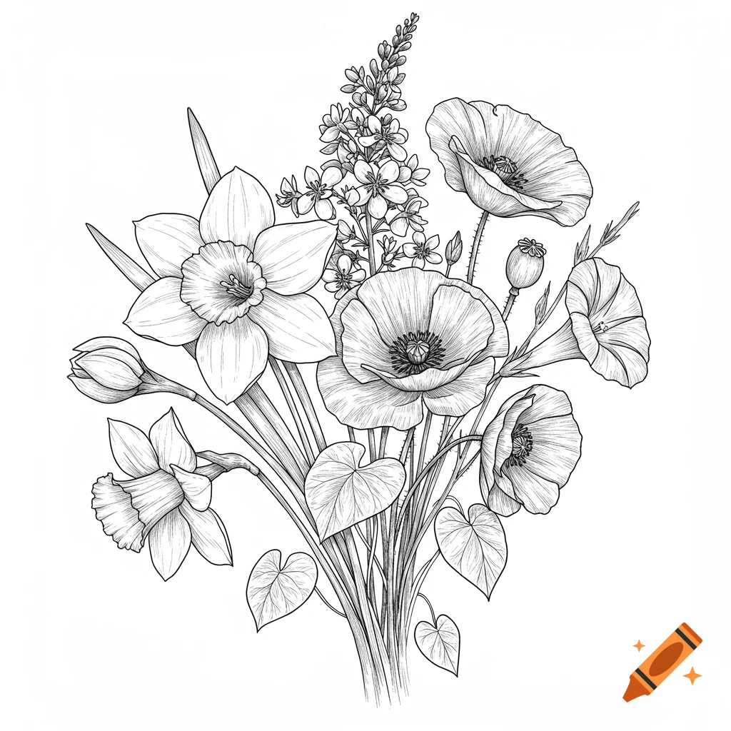 Black and white line drawing of a bouquet with daffodils, poppies, and morning glories.