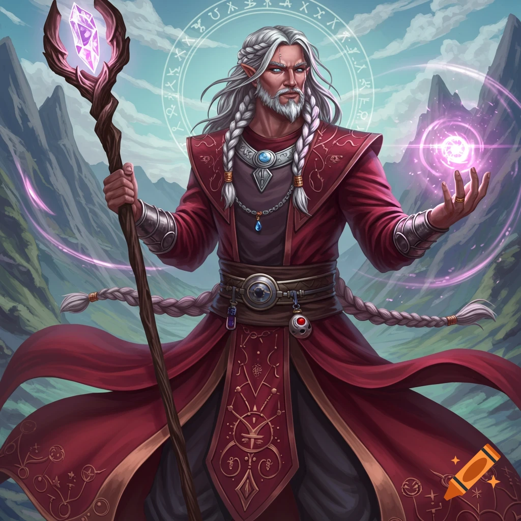 A male fantasy mage in red robes casts a spell and holds a staff in a mountain landscape, digital art.