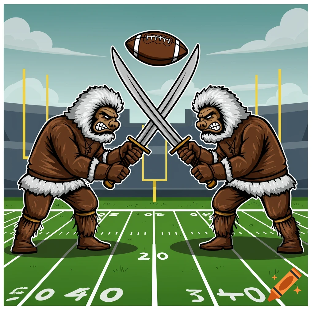 Two cartoon yeti-like figures with swords cross paths on a football field, vector art style.