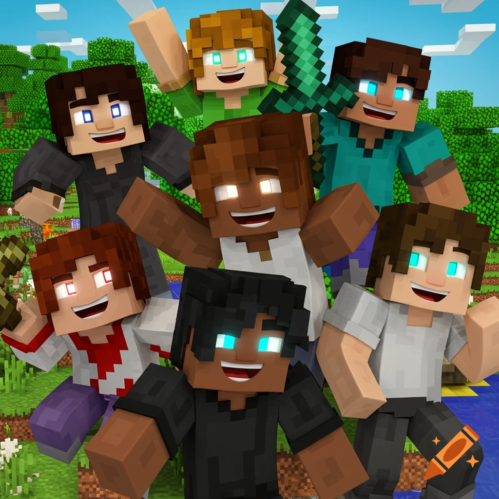 A group of smiling Minecraft characters waving in a pixelated world.
