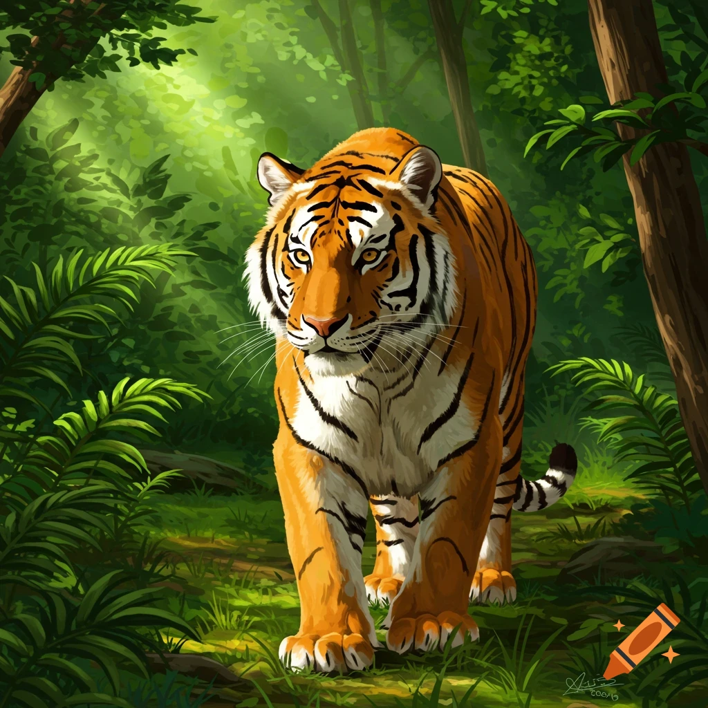 A tiger walking through a lush jungle.
