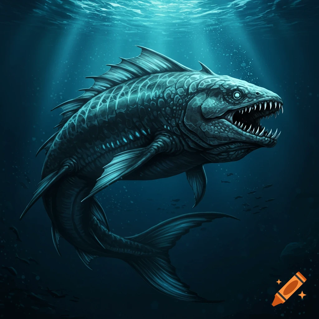 A large, fearsome fish swimming in deep blue water.