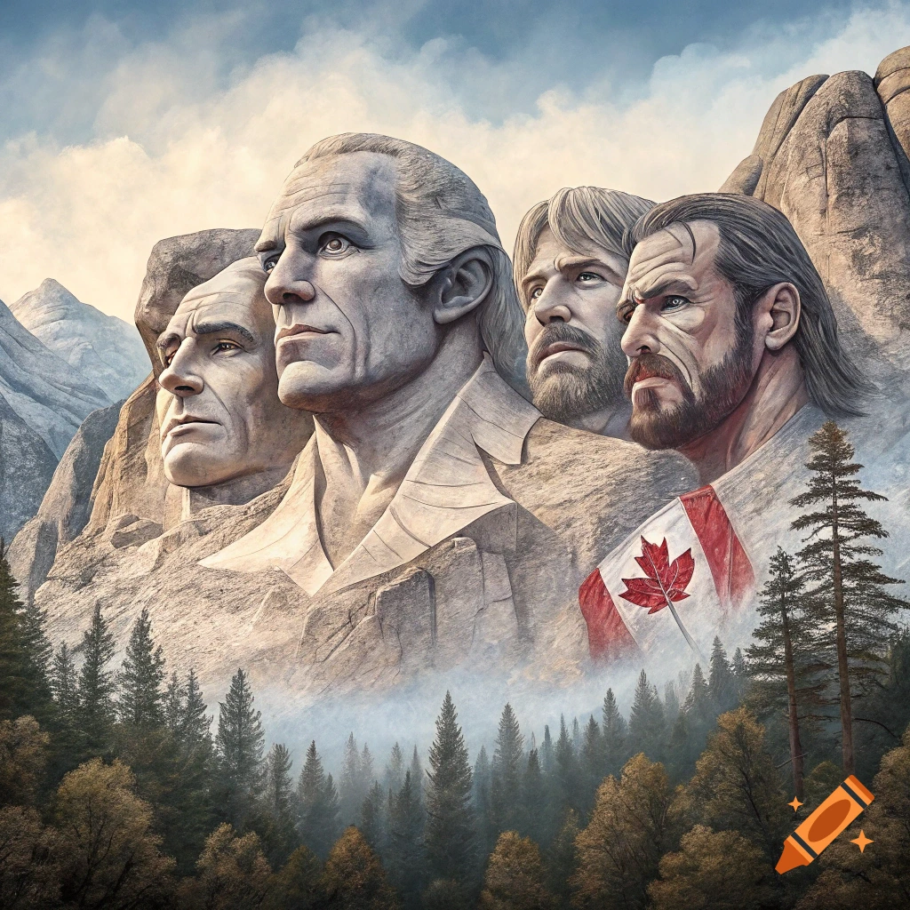 Mount Rushmore-style carving on a mountain with four male faces and a Canadian flag, above a forest.