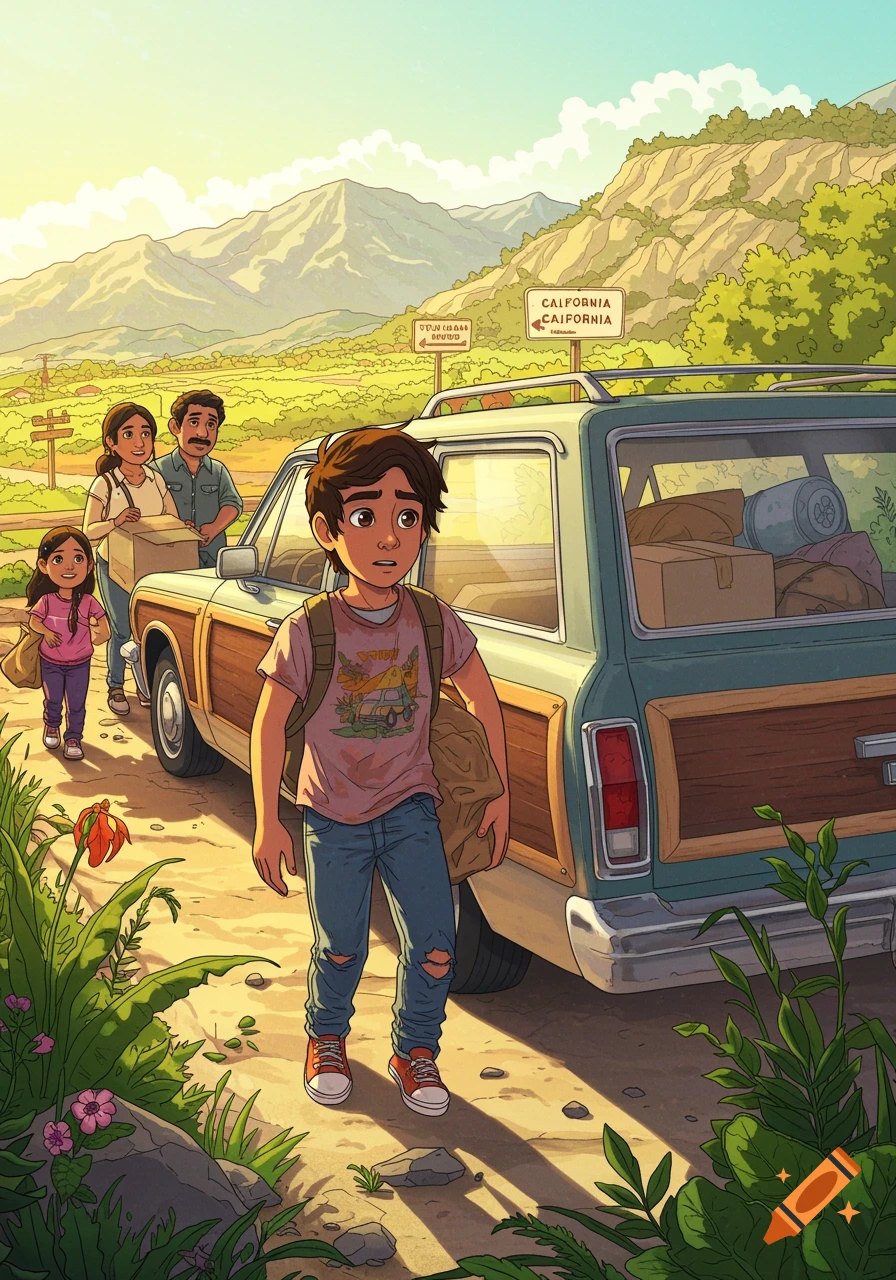 Illustration of a family loading luggage into a woody station wagon next to a California sign with mountains in the background.
