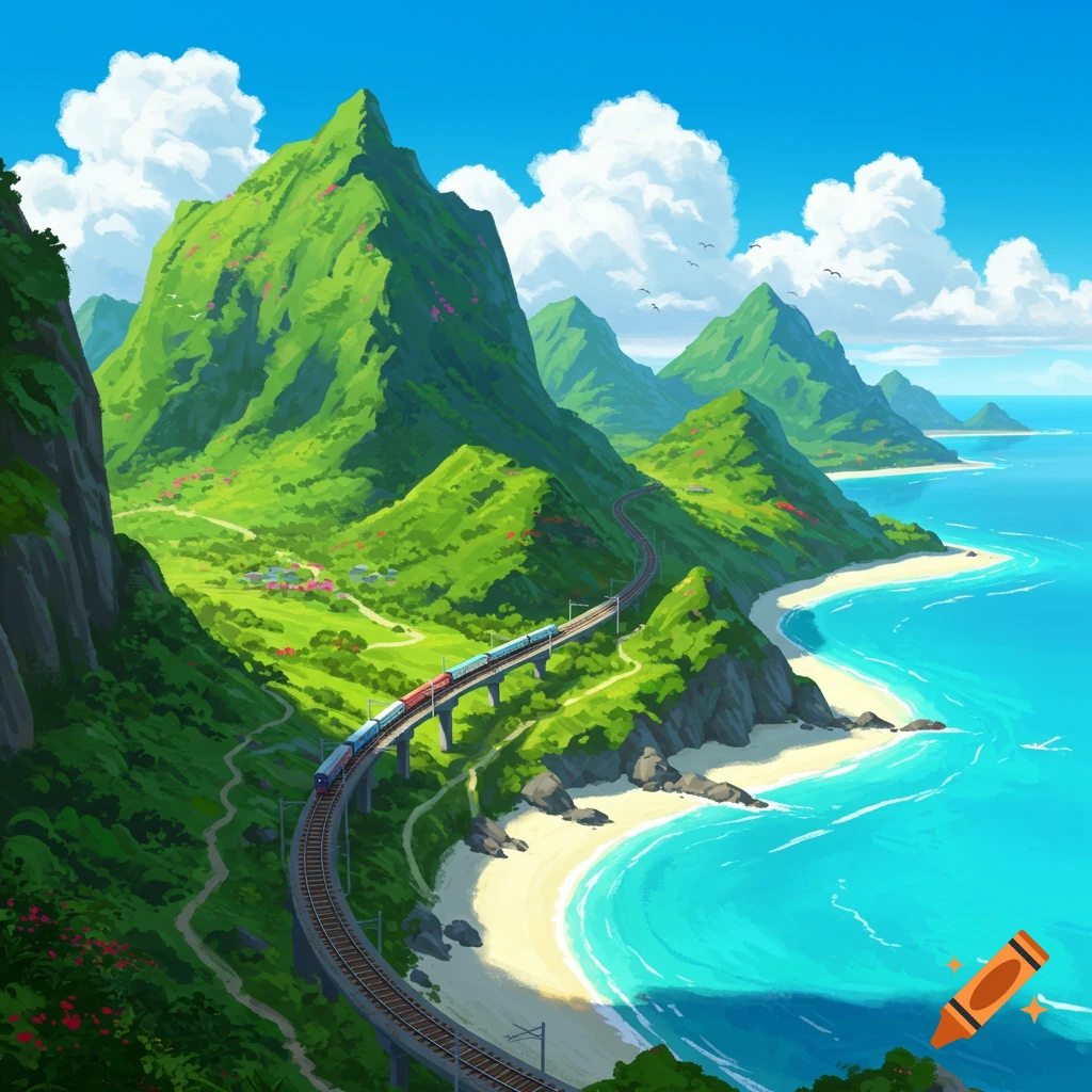 A train traveling along tracks on a curved bridge next to a beach with green mountains behind it.