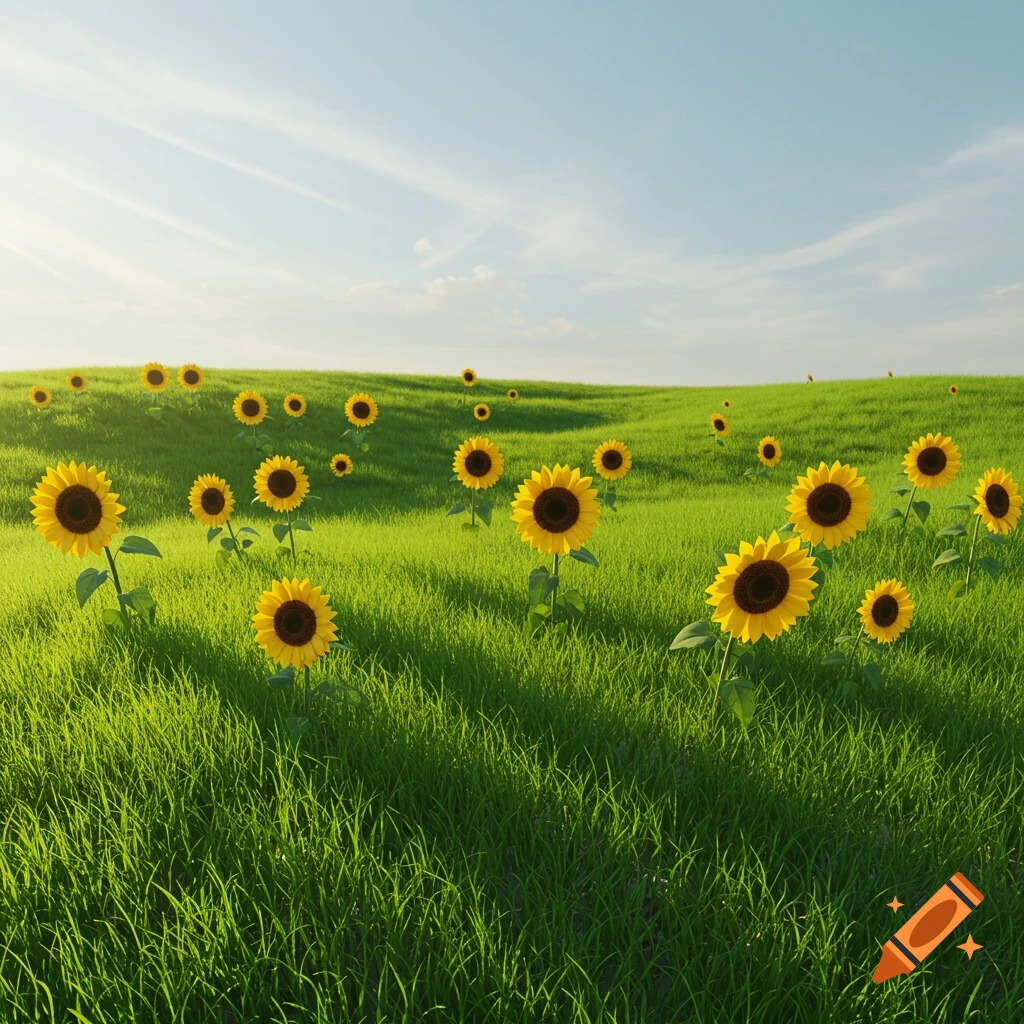 A field of sunflowers in green grass under a blue sky with sunlight.