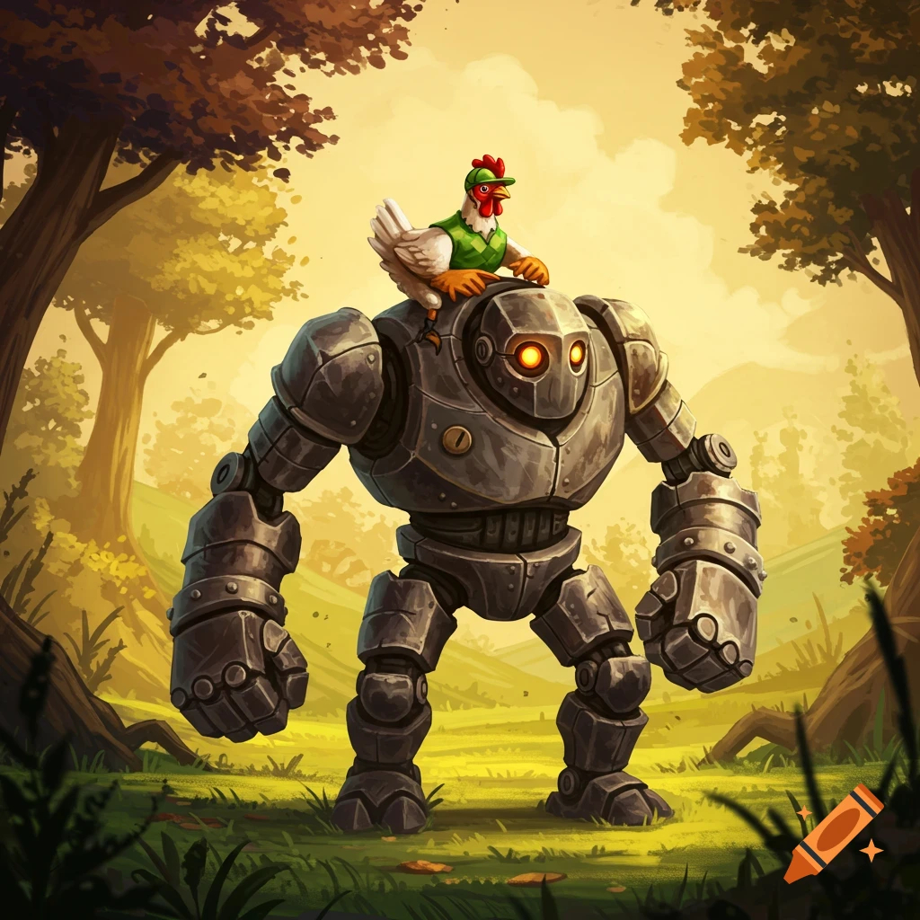 A chicken wearing a hat riding an iron golem robot in a forest clearing.