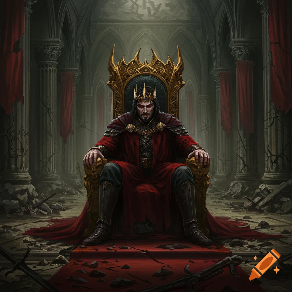 An evil king sitting on a broken throne in a destroyed great hall.