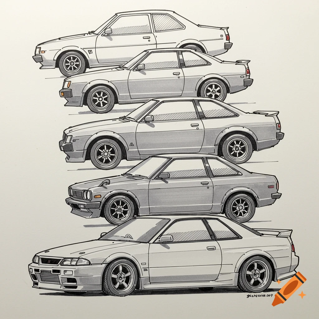 Sketch illustration of five classic Japanese cars stacked vertically