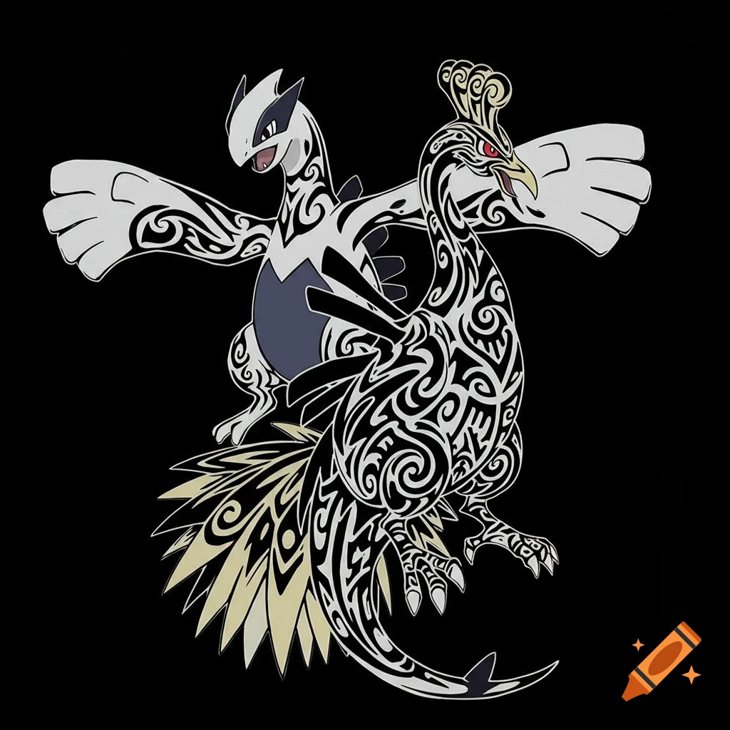 Stylized tribal art of Lugia and Ho-Oh on a black background