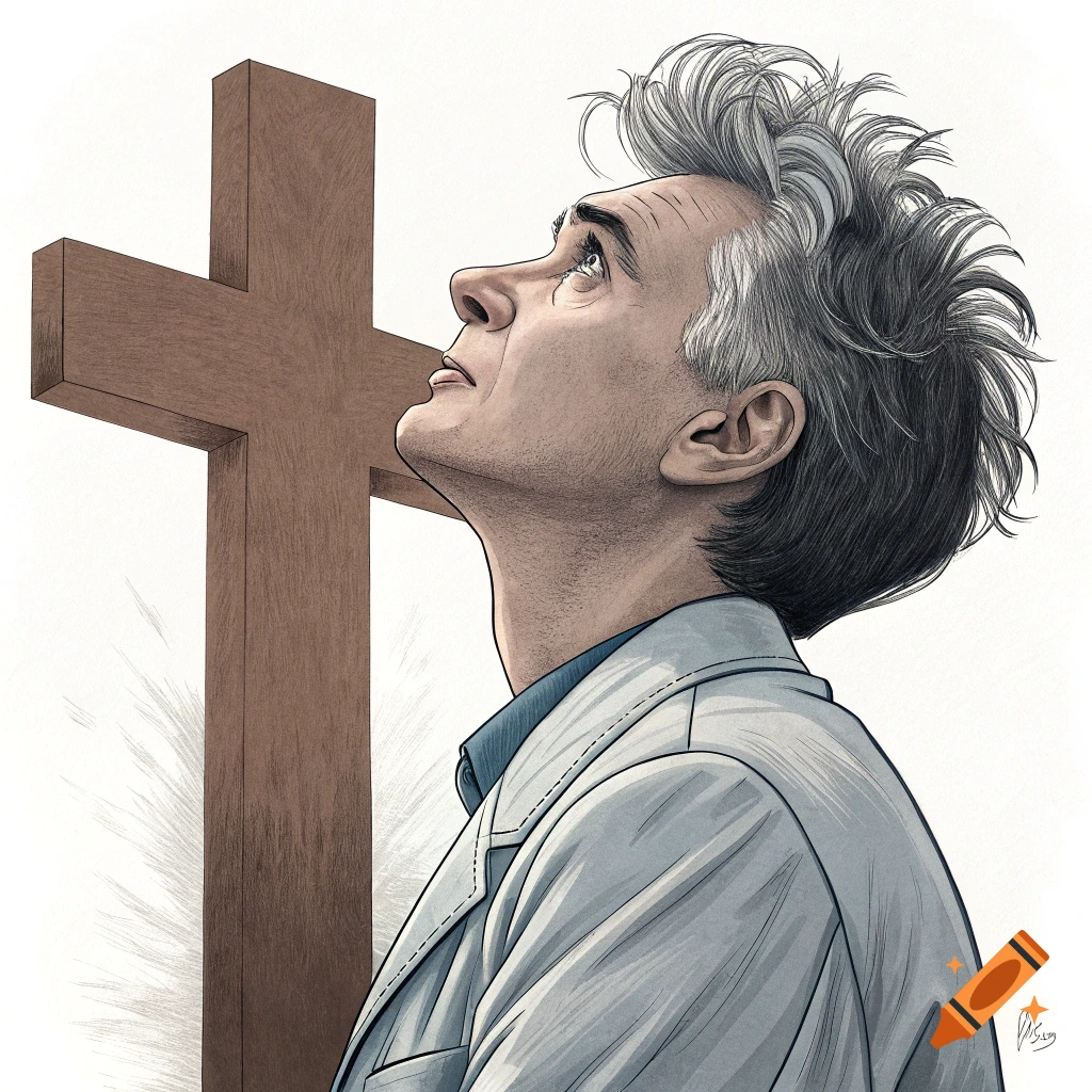 Illustration of a man looking up at a large wooden cross.