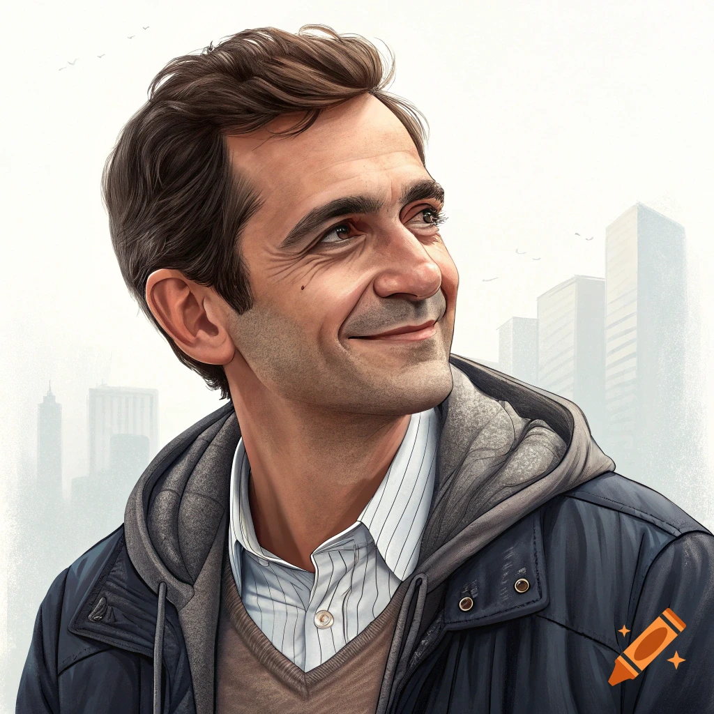 Portrait of a man smiling and looking up, with blurred buildings in the background.
