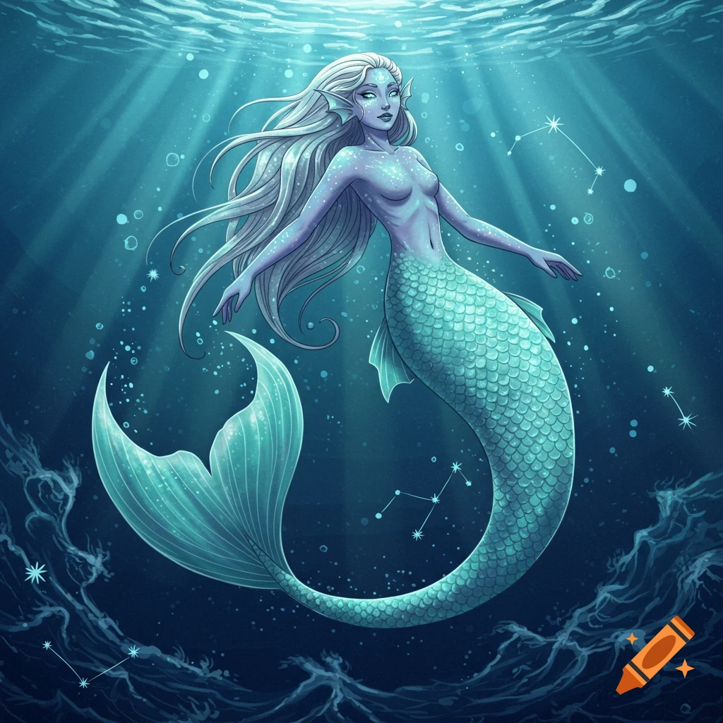 Mermaid with white hair and teal tail swims underwater with light rays and constellation patterns