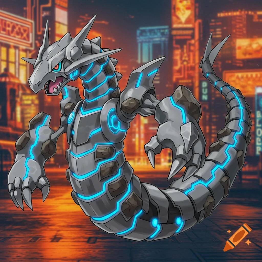 A cybernetic steel dragon-like creature with glowing blue lights stands in a futuristic city.