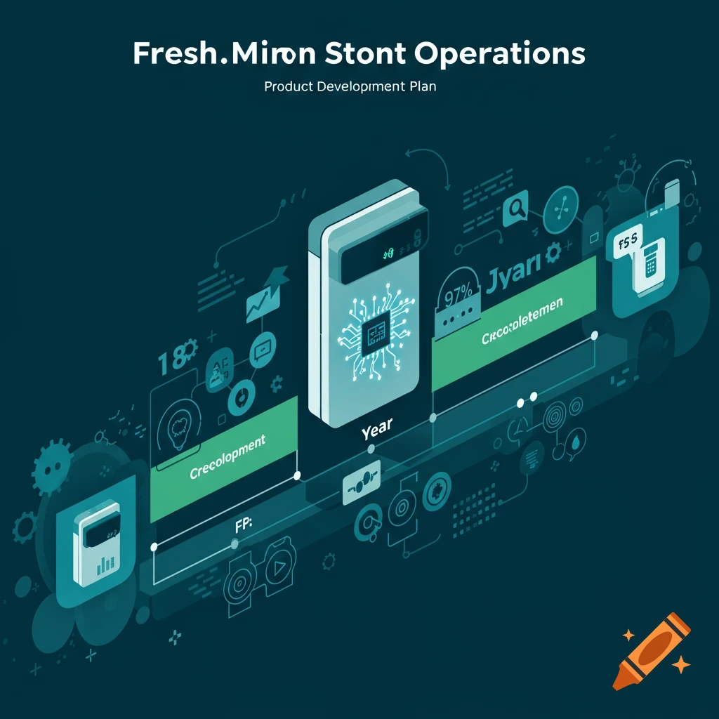 Digital illustration of a product development or operations plan diagram with charts, icons, and technology elements.