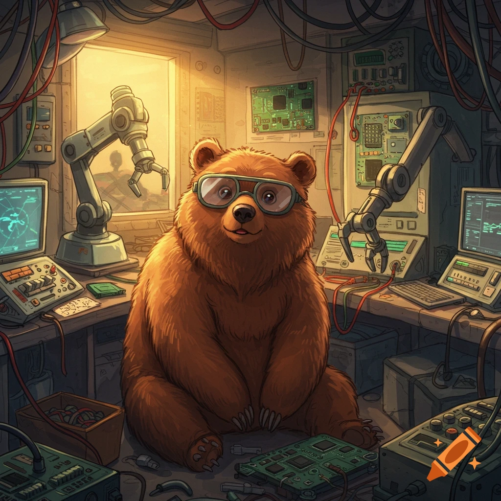 A bear wearing safety glasses sits in a busy robotics lab with screens and robotic arms.
