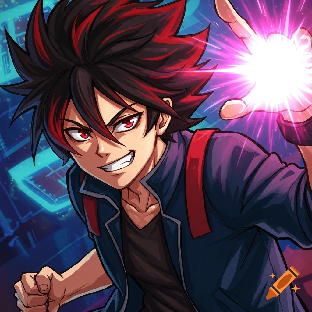 Anime male with spikey black and red hair casts a bright energy blast.