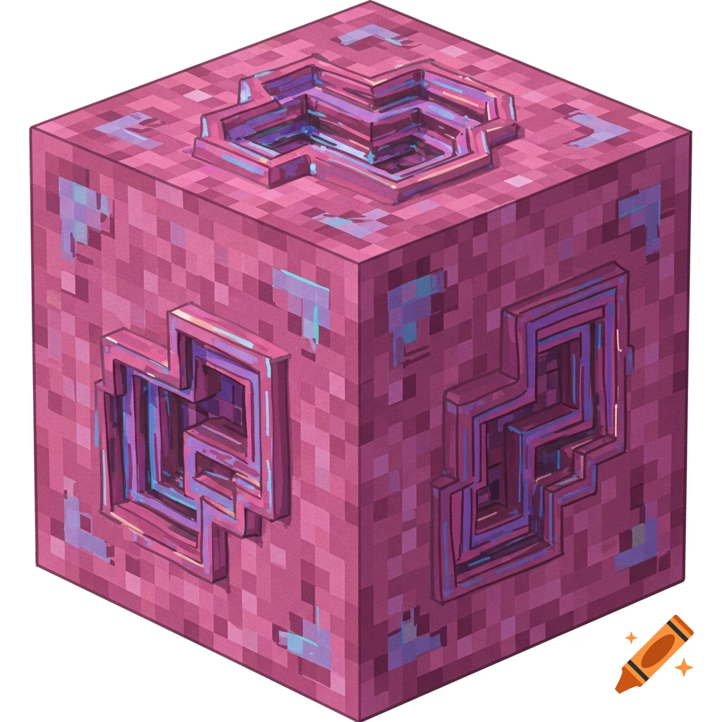 A pixelated pink cube block with abstract purple and blue metallic carvings in Minecraft style.