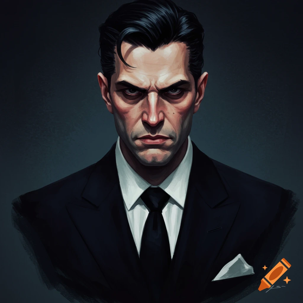 A stern man in a black suit and tie