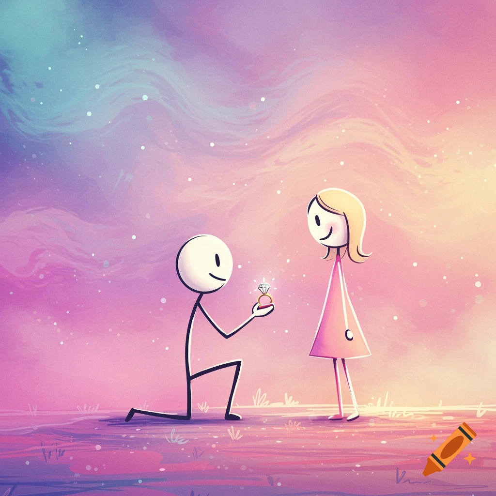 A stick figure man kneels to propose to a stick figure woman in a colorful, dreamlike landscape illustration.
