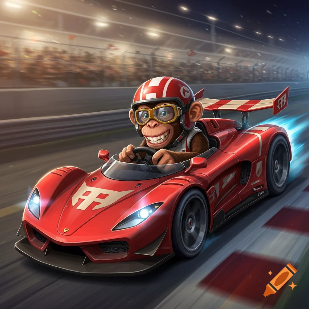 A cartoon monkey in a red race car speeds on a track at night.