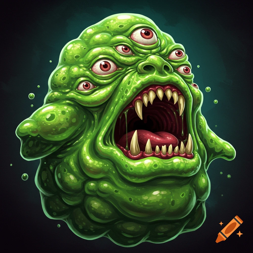 A green blob monster with multiple eyes and sharp teeth.
