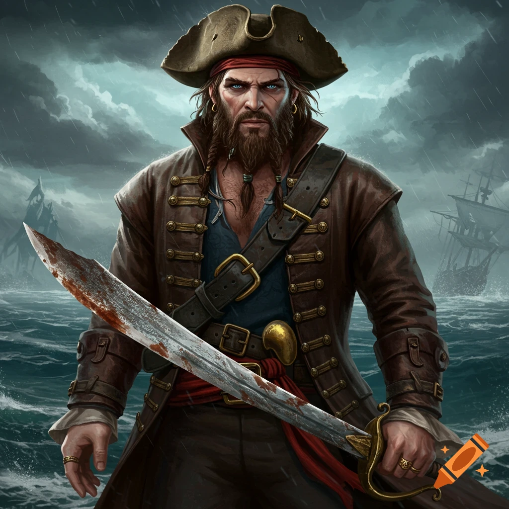 A pirate captain with a bloody sword stands on a ship in a stormy sea.