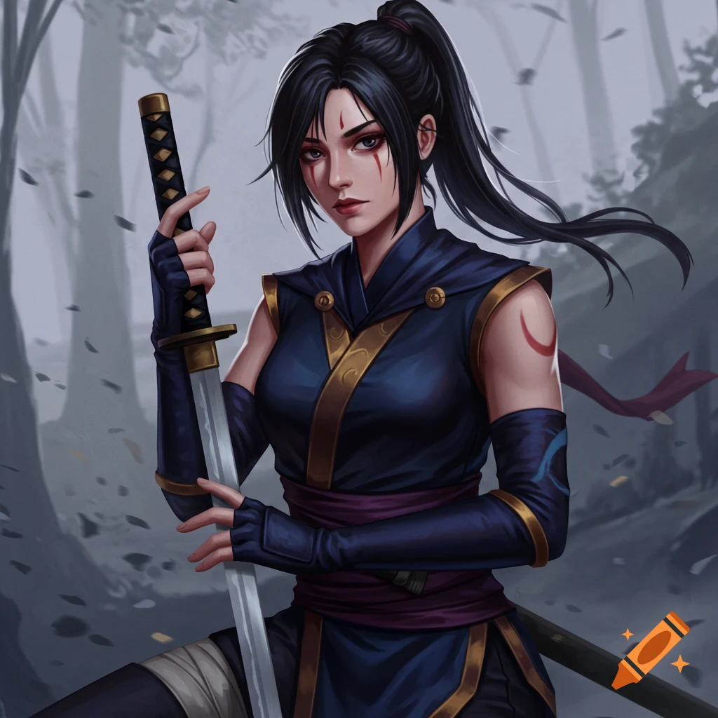 A female shinobi holding a katana in a forest
