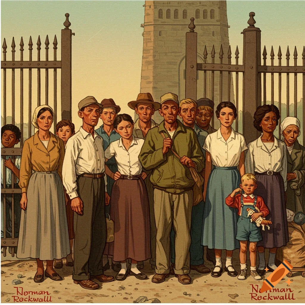 A diverse group of people stand in front of a large gate and building, in a Norman Rockwell-inspired illustration style.
