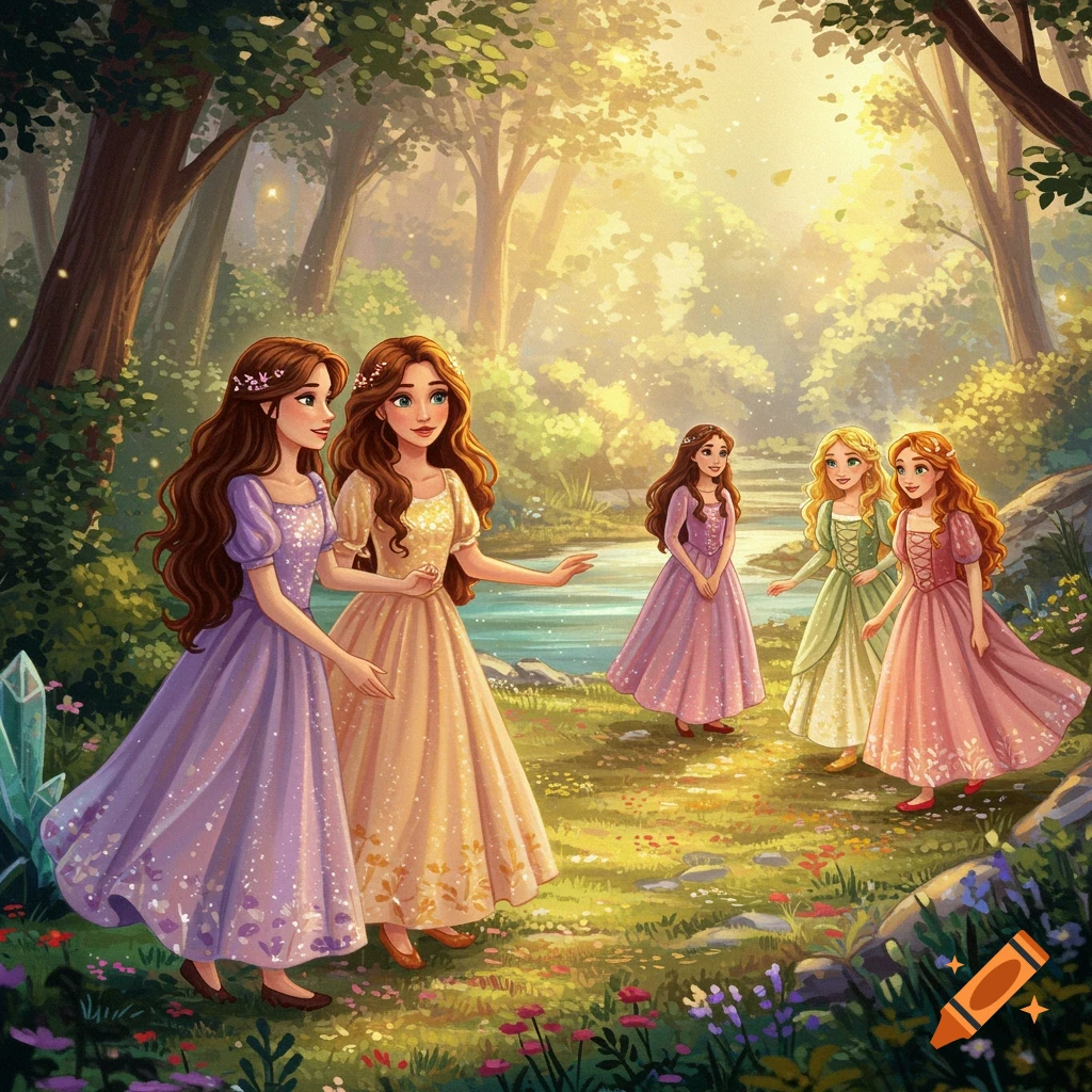 Five young women in long dresses stand in a sunlit forest clearing.