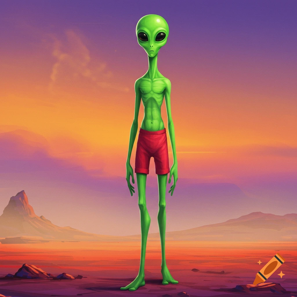 A tall green alien in red shorts stands in a desolate, colorful alien landscape.