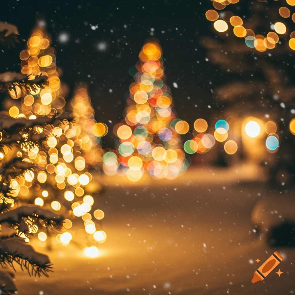 Blurred Christmas trees lit up at night with bokeh lights and falling snow