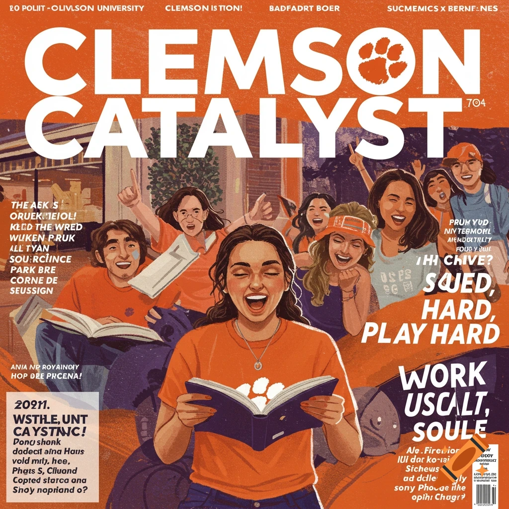 Illustration of a magazine cover titled 'Clemson Catalyst' featuring students reading and celebrating.