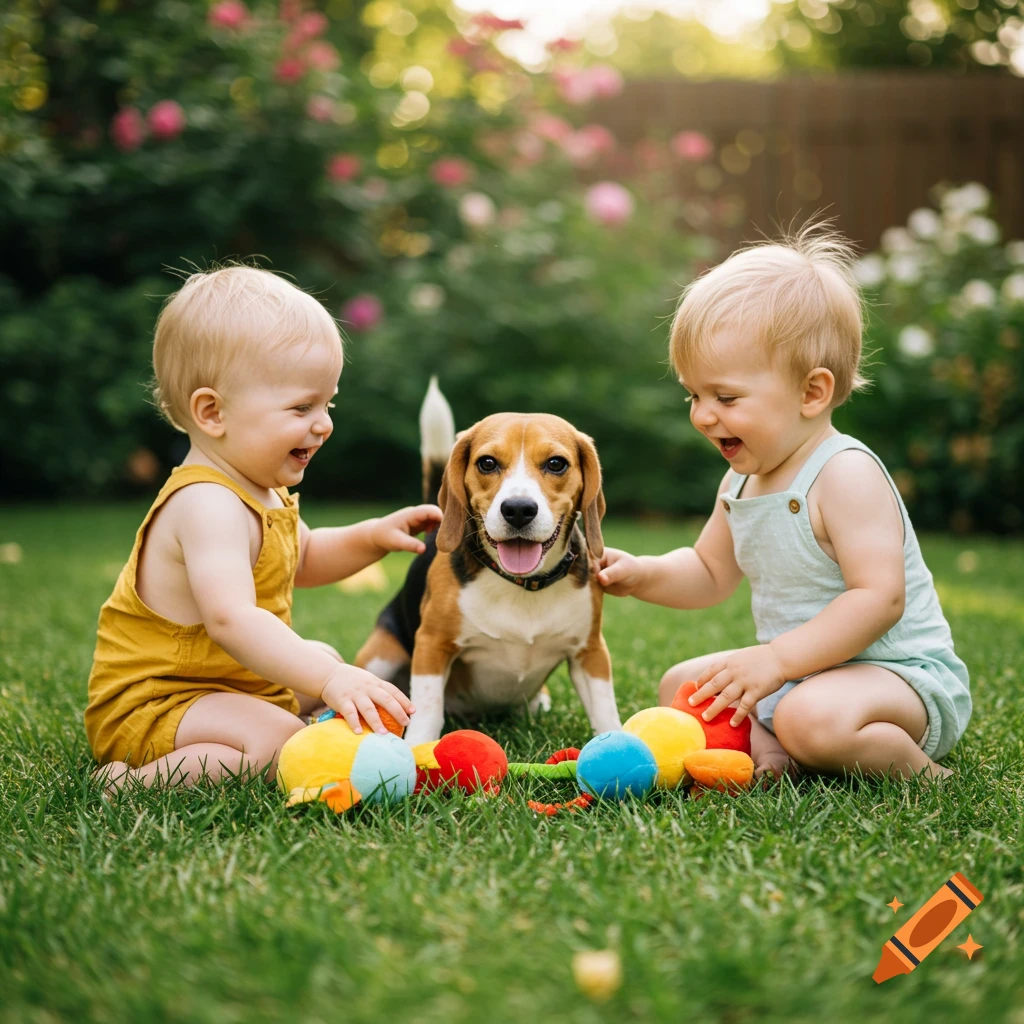 Two babies and a beagle dog playing with toys in a sunny garden.