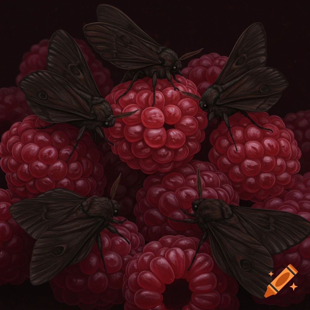 Several moths on red raspberries, gothic style.