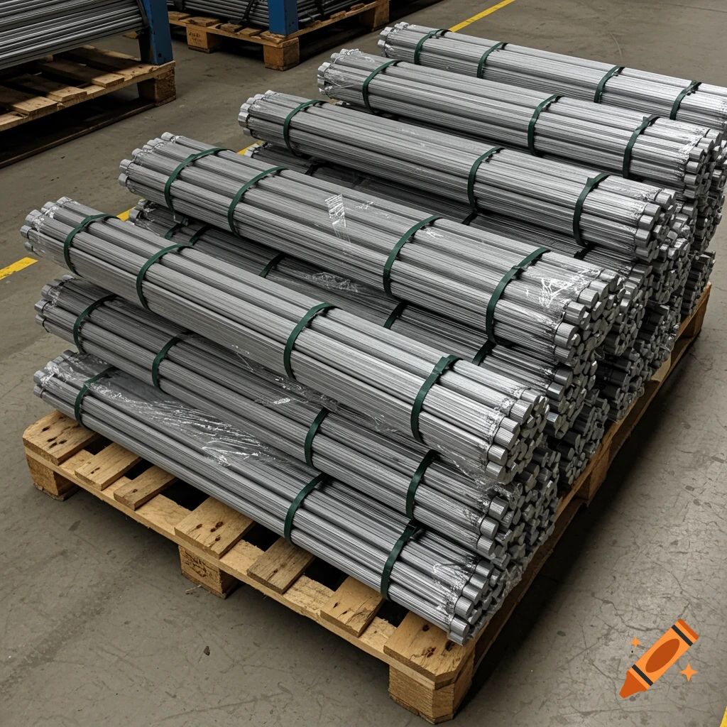 Bundles of thin metal rods on a wooden pallet in a warehouse.