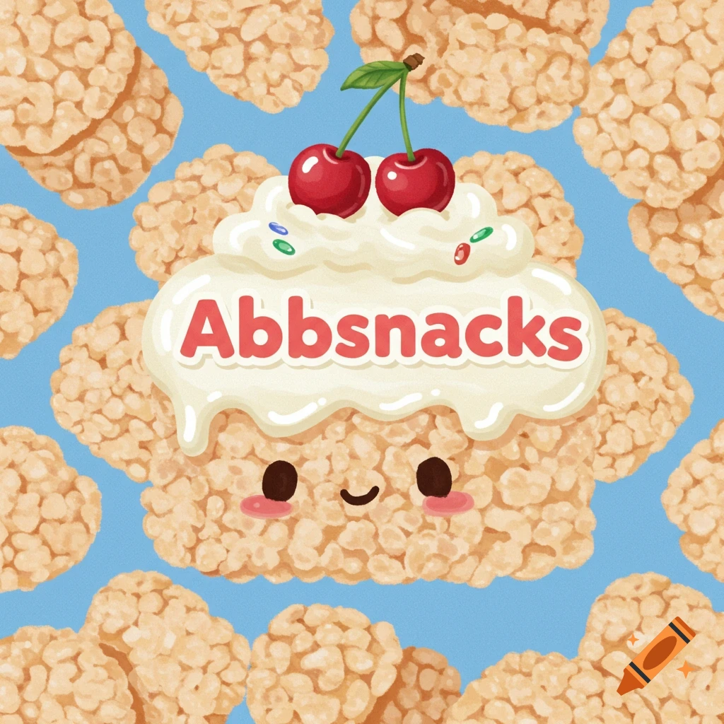 A cute cartoon rice krispie treat with whipped cream and cherries, labeled 'Abbsnacks', on a blue background with scattered rice krispies.