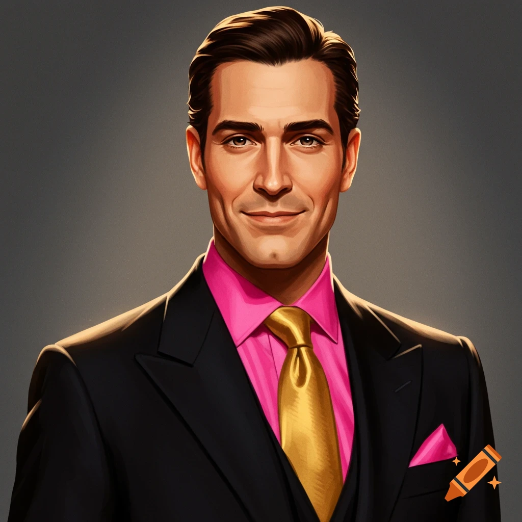 A man in a black tuxedo with a bright pink shirt and a gold tie.