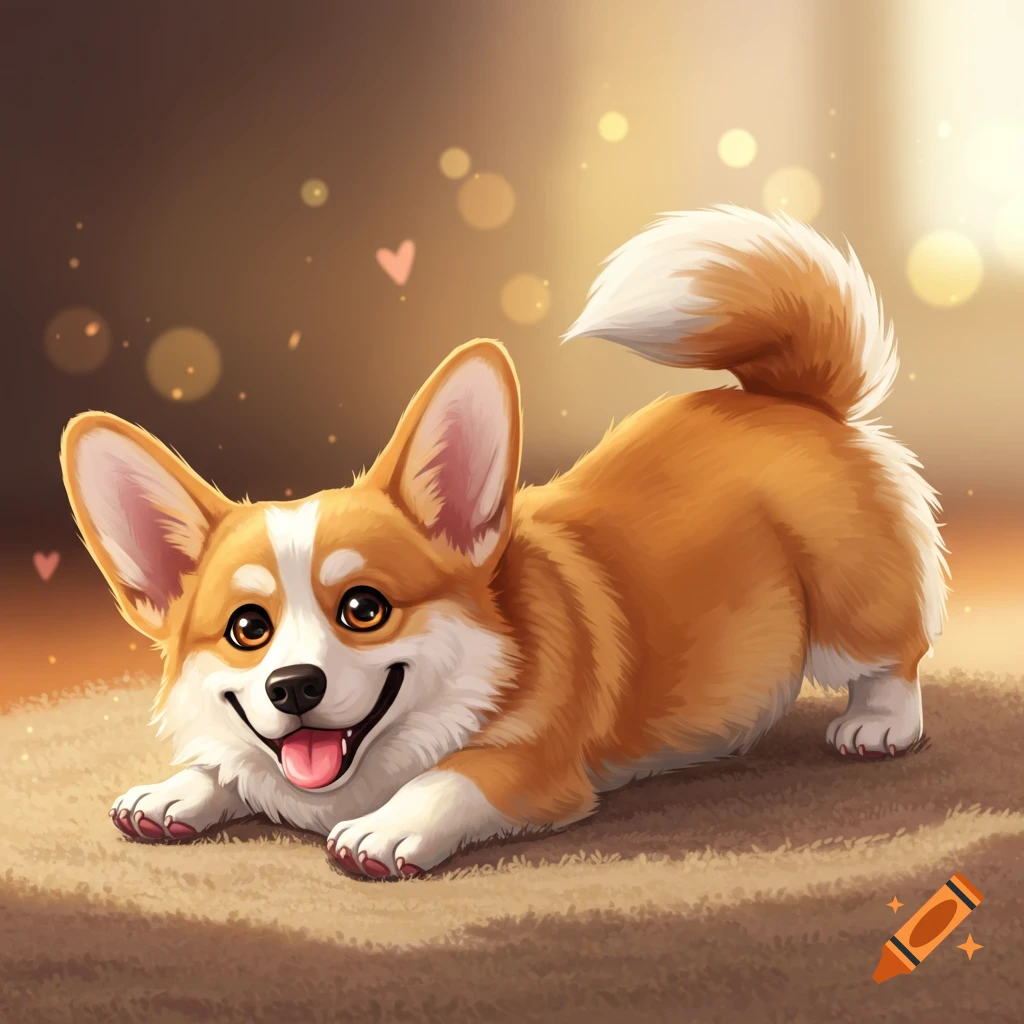 A cute cartoon corgi is in a play bow on a rug.