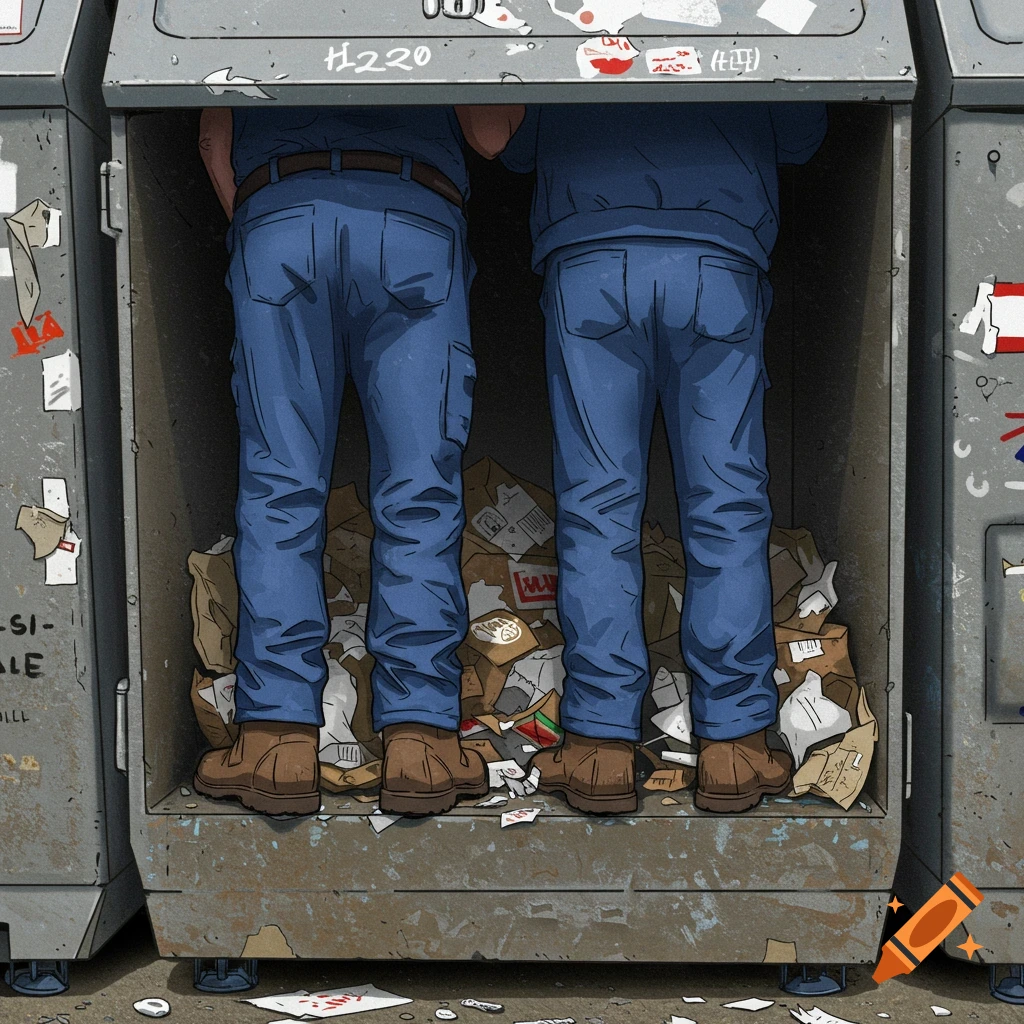 Two people's legs and boots are sticking out of a trash bin filled with garbage.