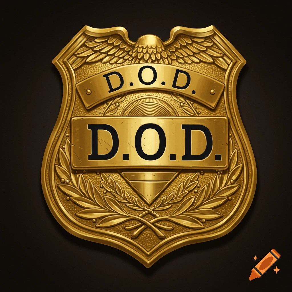 A golden police-style badge with an eagle and laurel leaves, reading D.O.D.