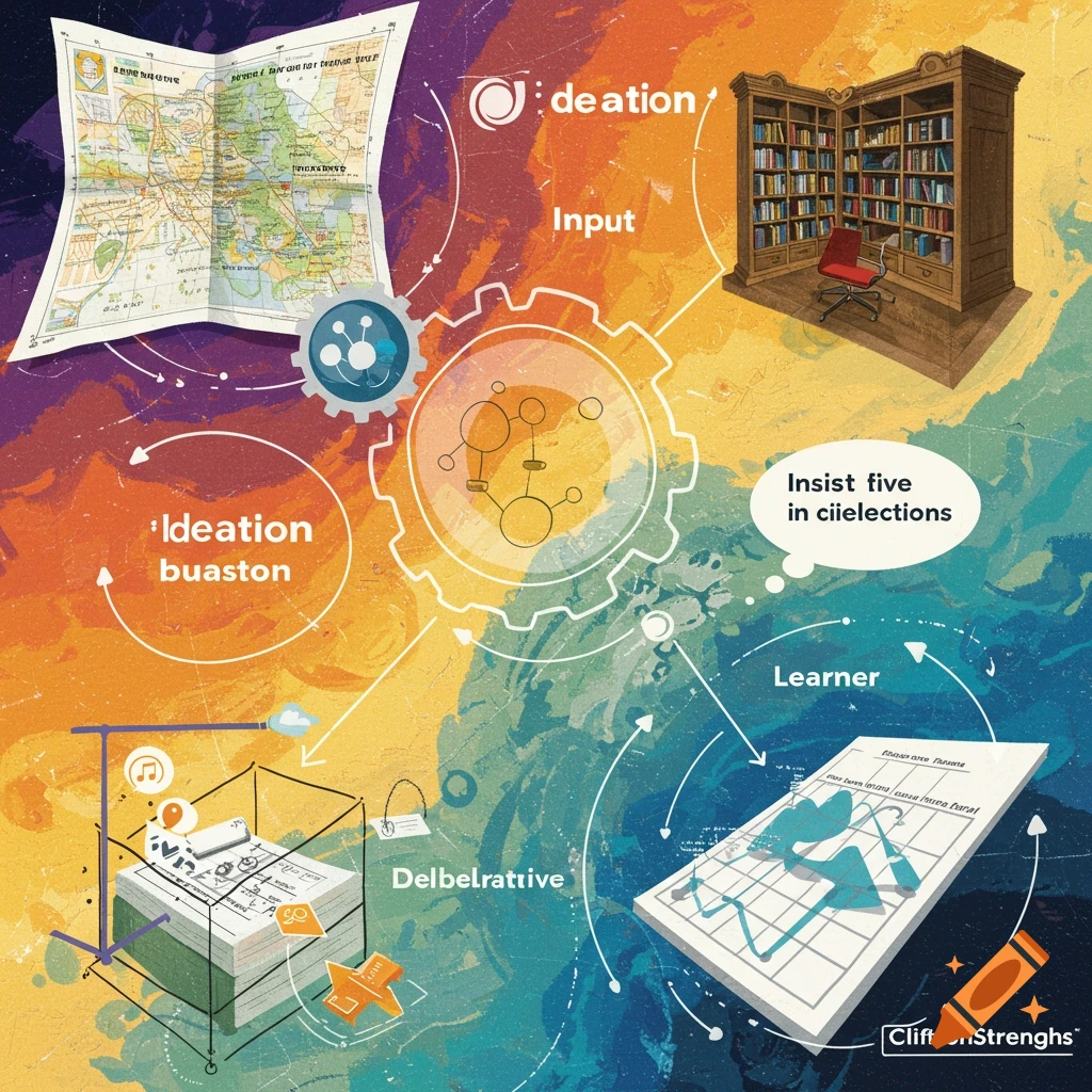 An abstract diagram featuring a map, a bookshelf, charts, and gears.