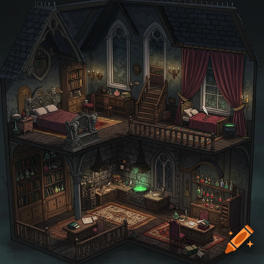 Detailed isometric cutaway view of a gothic dollhouse interior with library, bedroom, kitchen, and study.