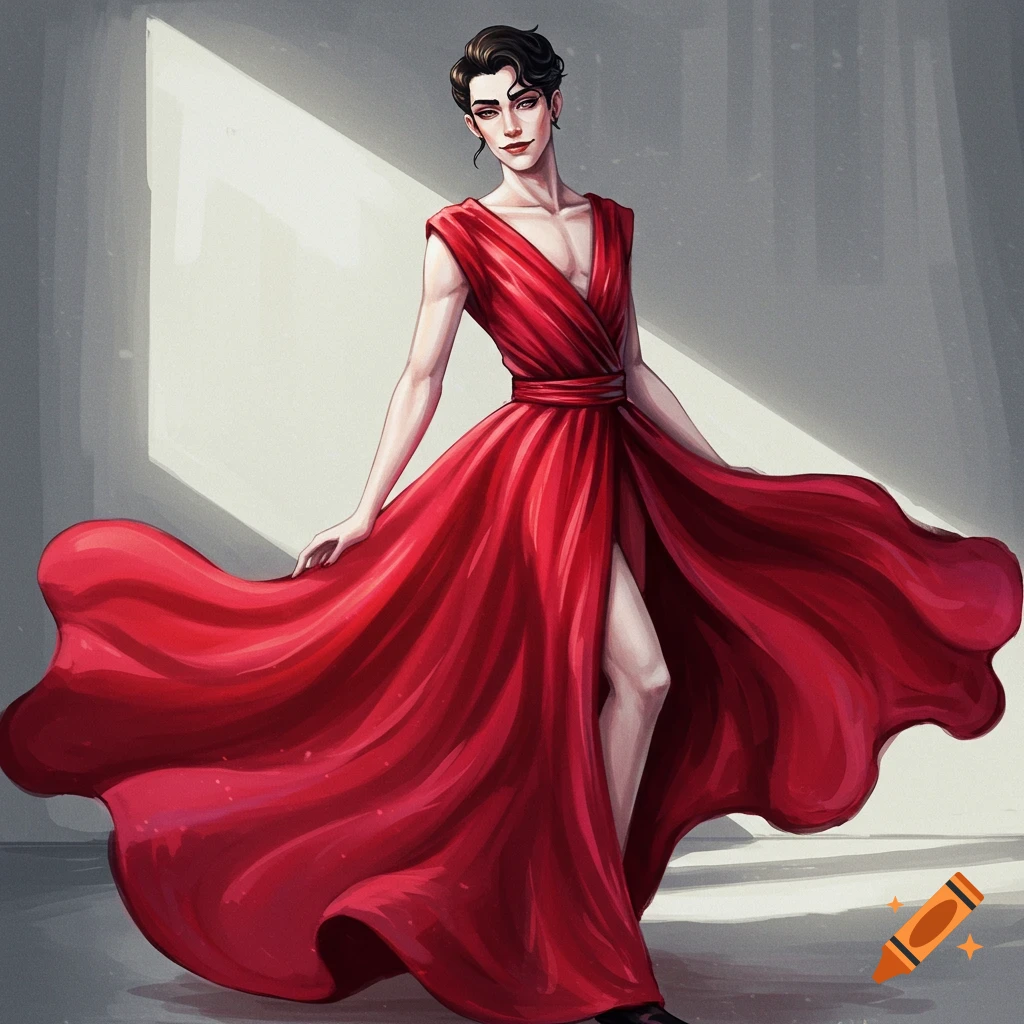 Person in a flowing red dress with a high slit posing in a sunlit room.