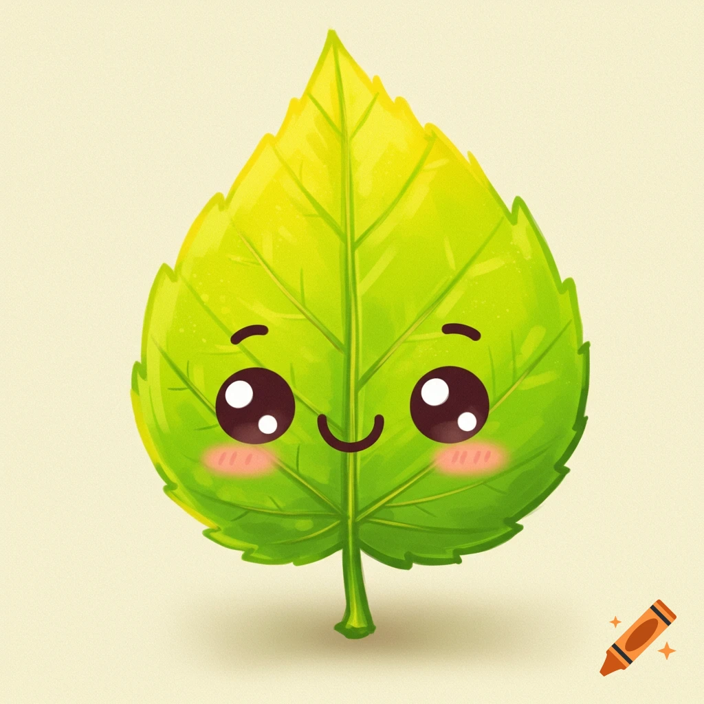 A cute cartoon leaf with a smiling face.